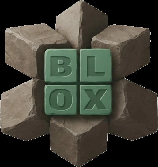 The Blox mark: four green clay tiles spelling BLOX inside a ring of stone blocks