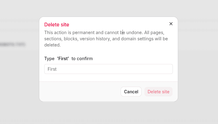 Delete Site Confirmation Dialog