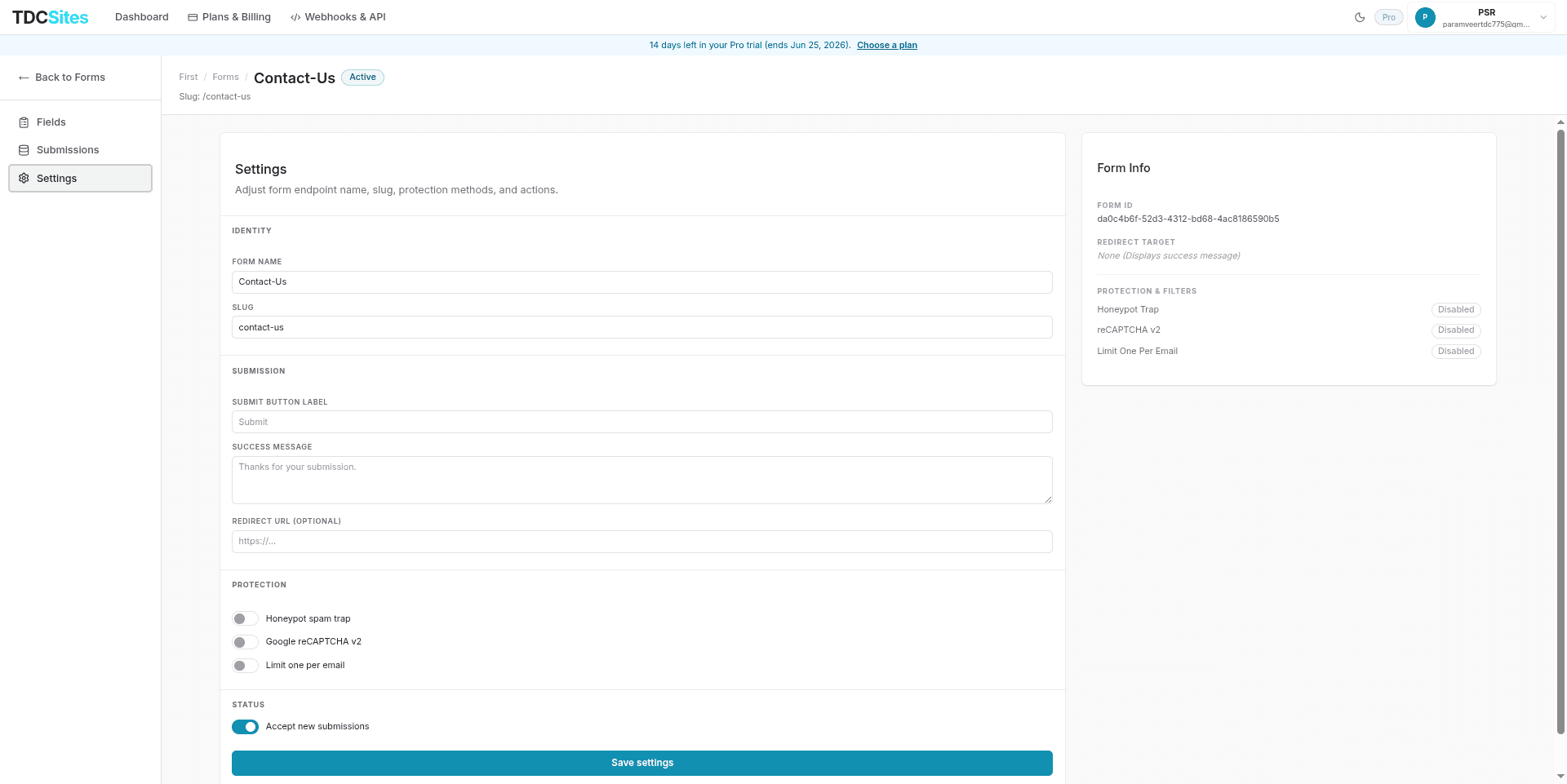 Form Settings Tab