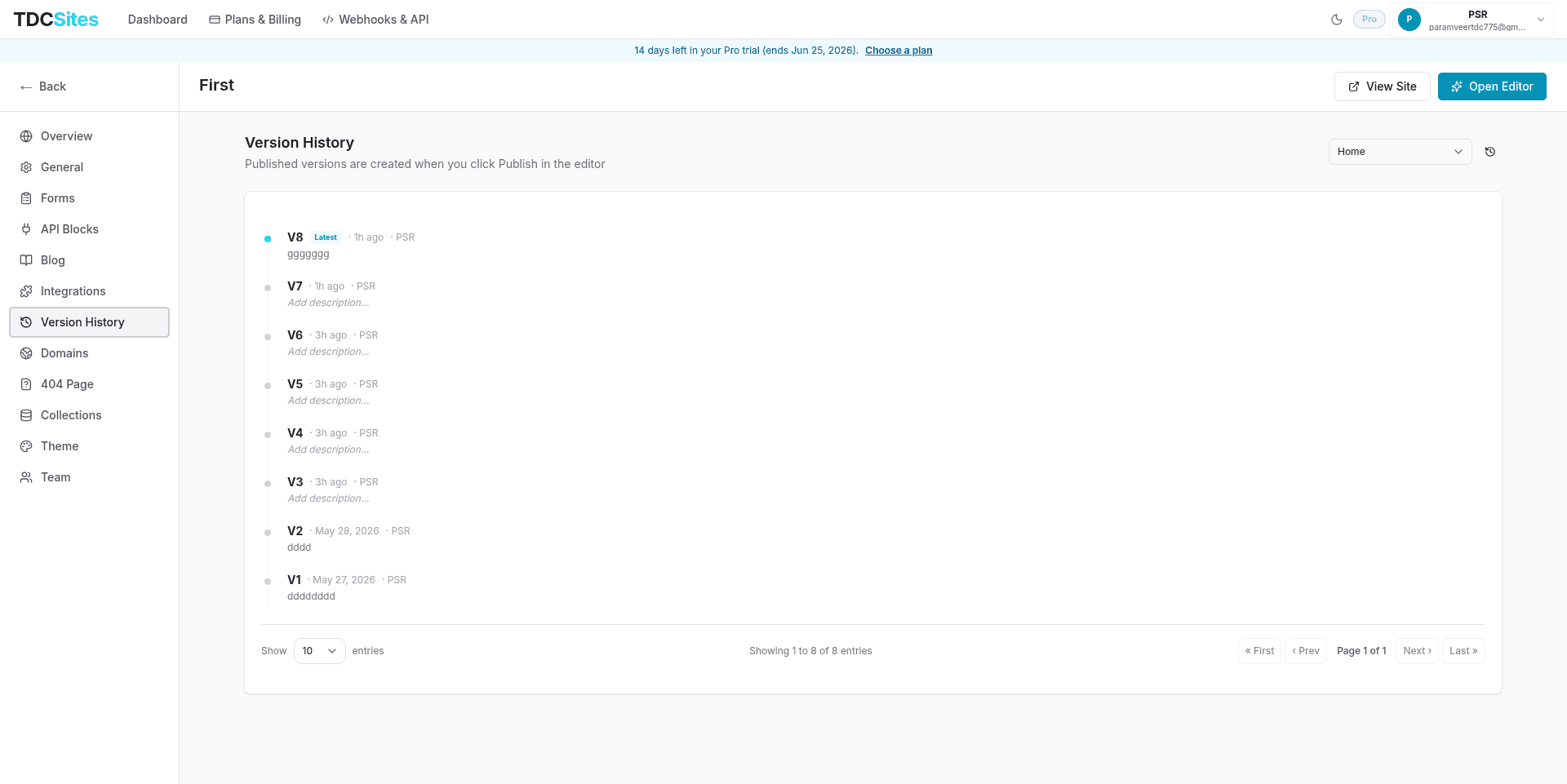 Site Version History